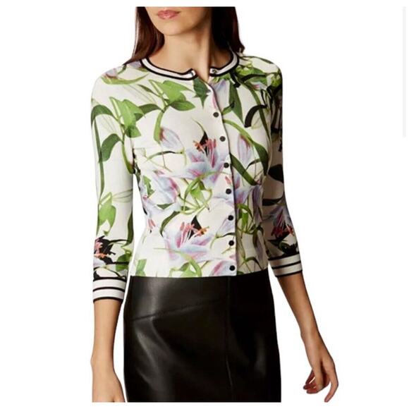 Stunning KAREN MILLEN Floral Lily Sporty Soft Button Front Cardigan US L - Picture 2 of 13